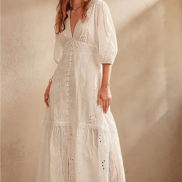 Embroider eyelet Sezane style Elegant White Eyelet Maxi Dress - Picture 3 of 7